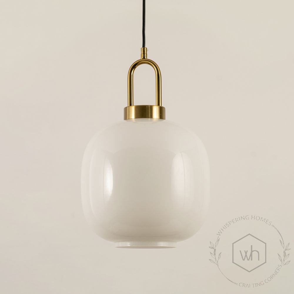 White Round Glass Shade Gold Metal Pendant Light Closeup