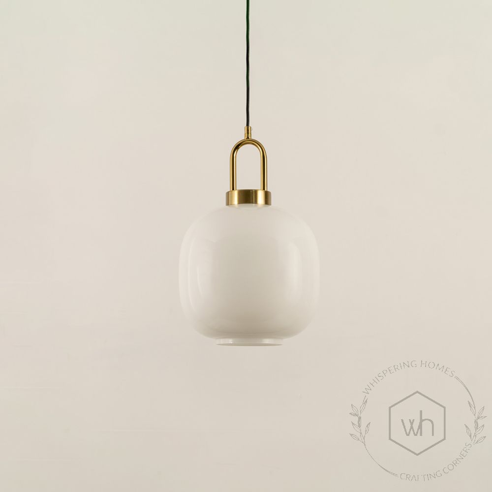 White Round Glass Shade Gold Metal Pendant Light Light Off White Background