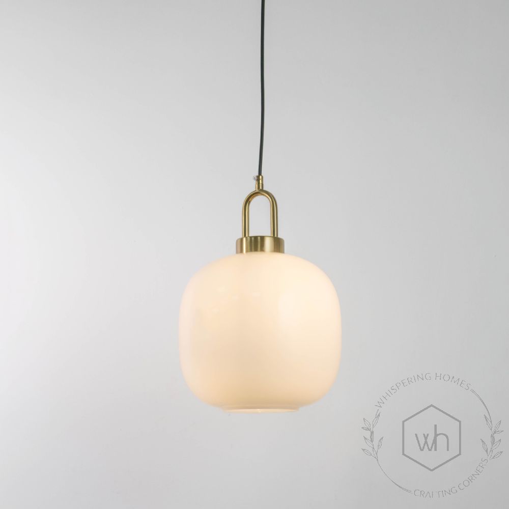 White Round Glass Shade Gold Metal Pendant Light Light Off White Background