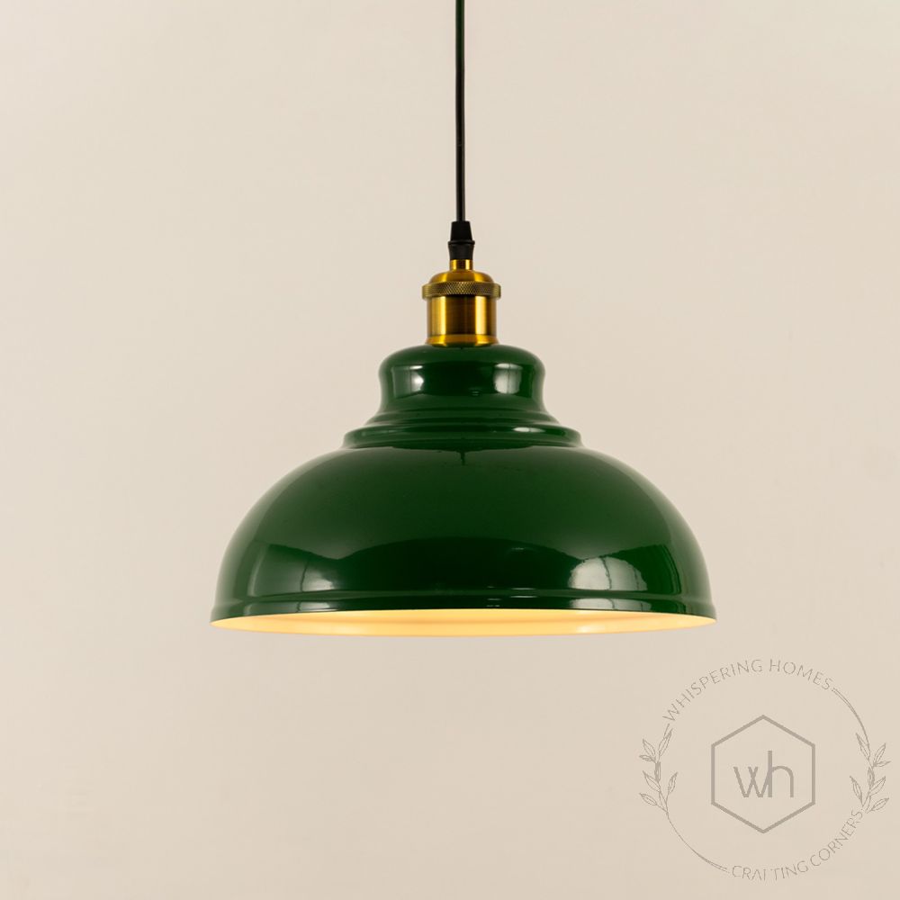 Factory Style British Green Pendant Light Light On White Background