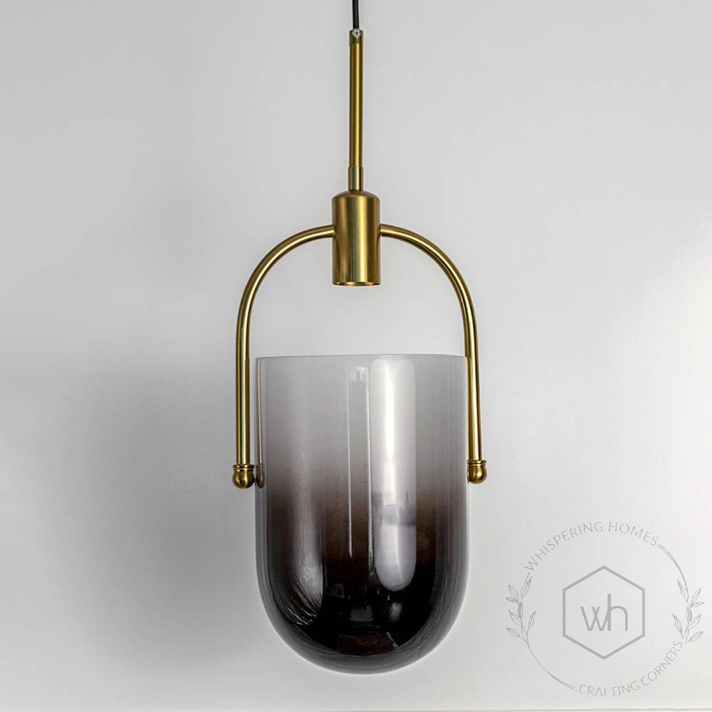 TURA Contemporary Brass & Black Gradient Glass Pendant Light Light Off White Background