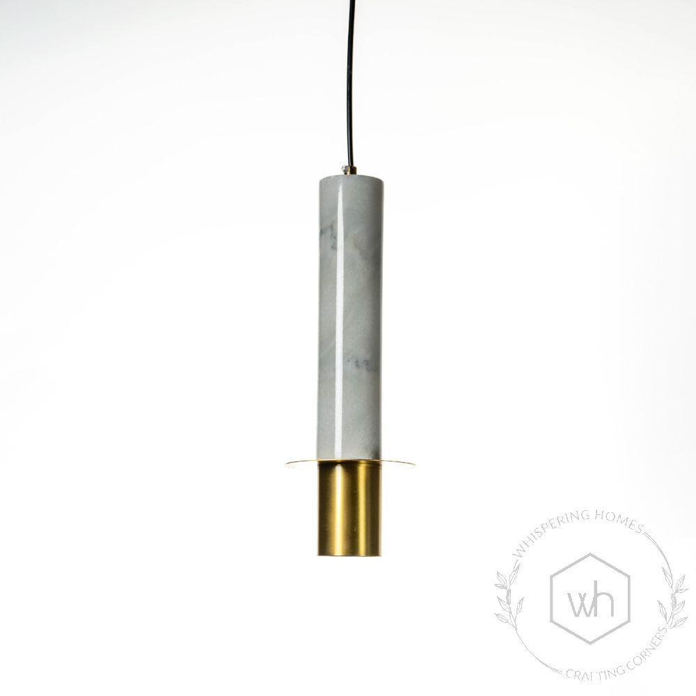 Cylindrical Marble Pendant Lamp - White Light Off White Background