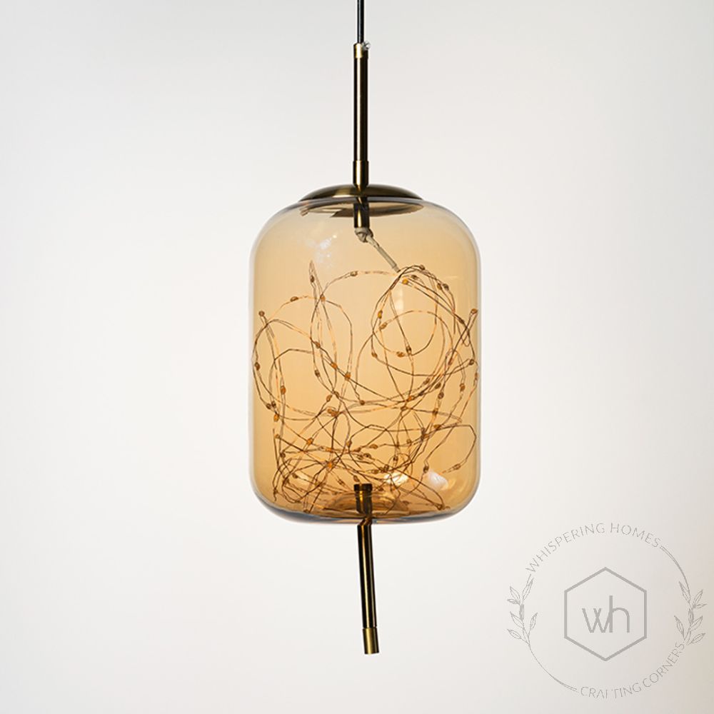 Amber Glass Hanging Lamp - Cylinder Light On White Background