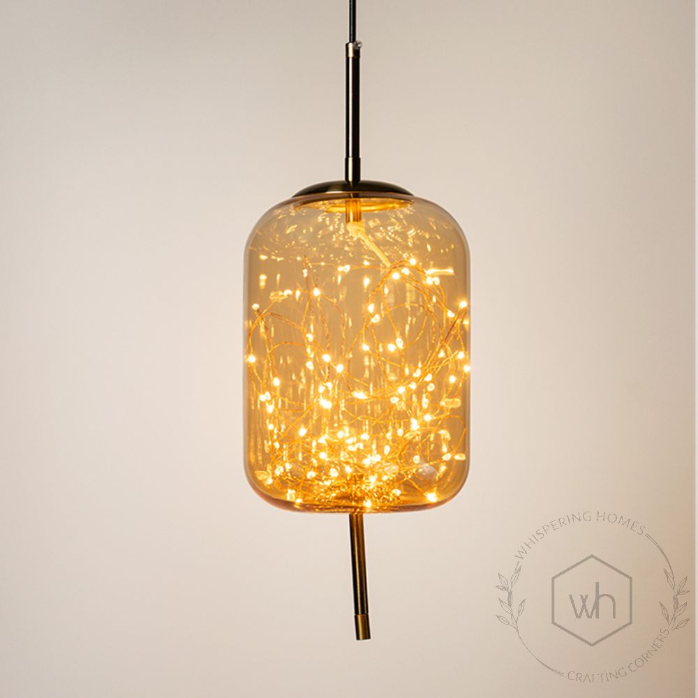 Amber Glass Hanging Lamp - Cylinder Light On White Background