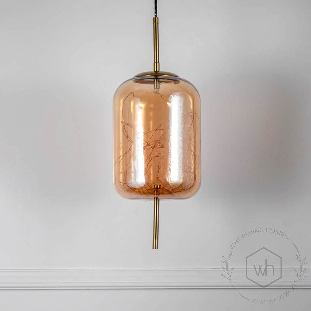 Amber Glass Hanging Lamp - Cylinder Light Off White Background