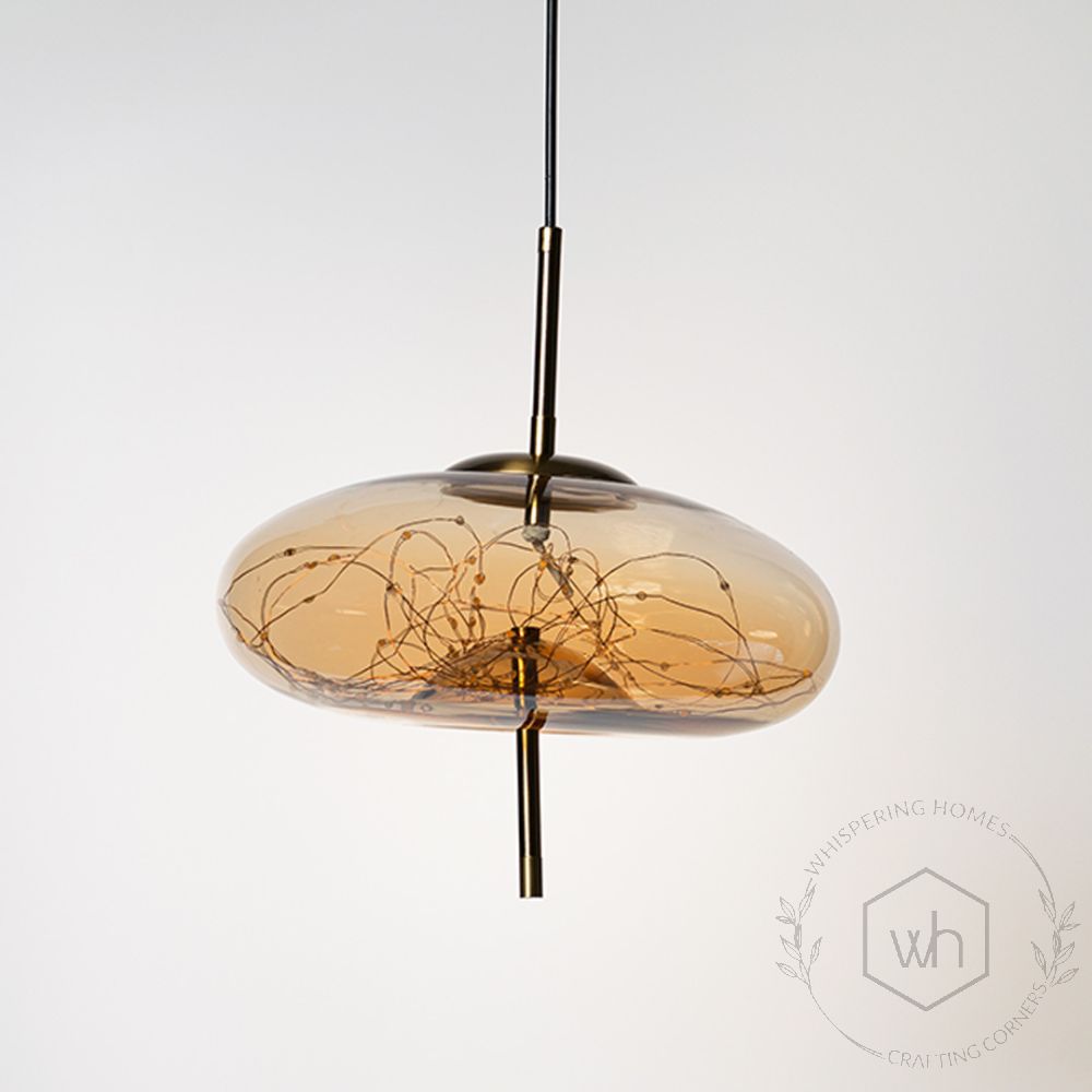 Amber Glass Hanging Lamp - Oval Light Off White Background