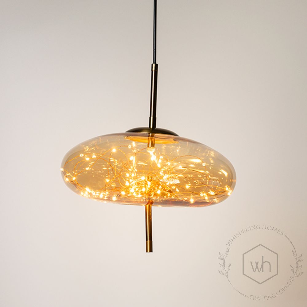 Amber Glass Hanging Lamp - Oval Light On White Background