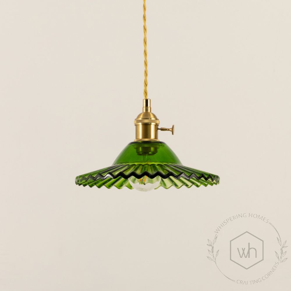 Ribbed Floral Glass Pendant Light Green Light Off White Background