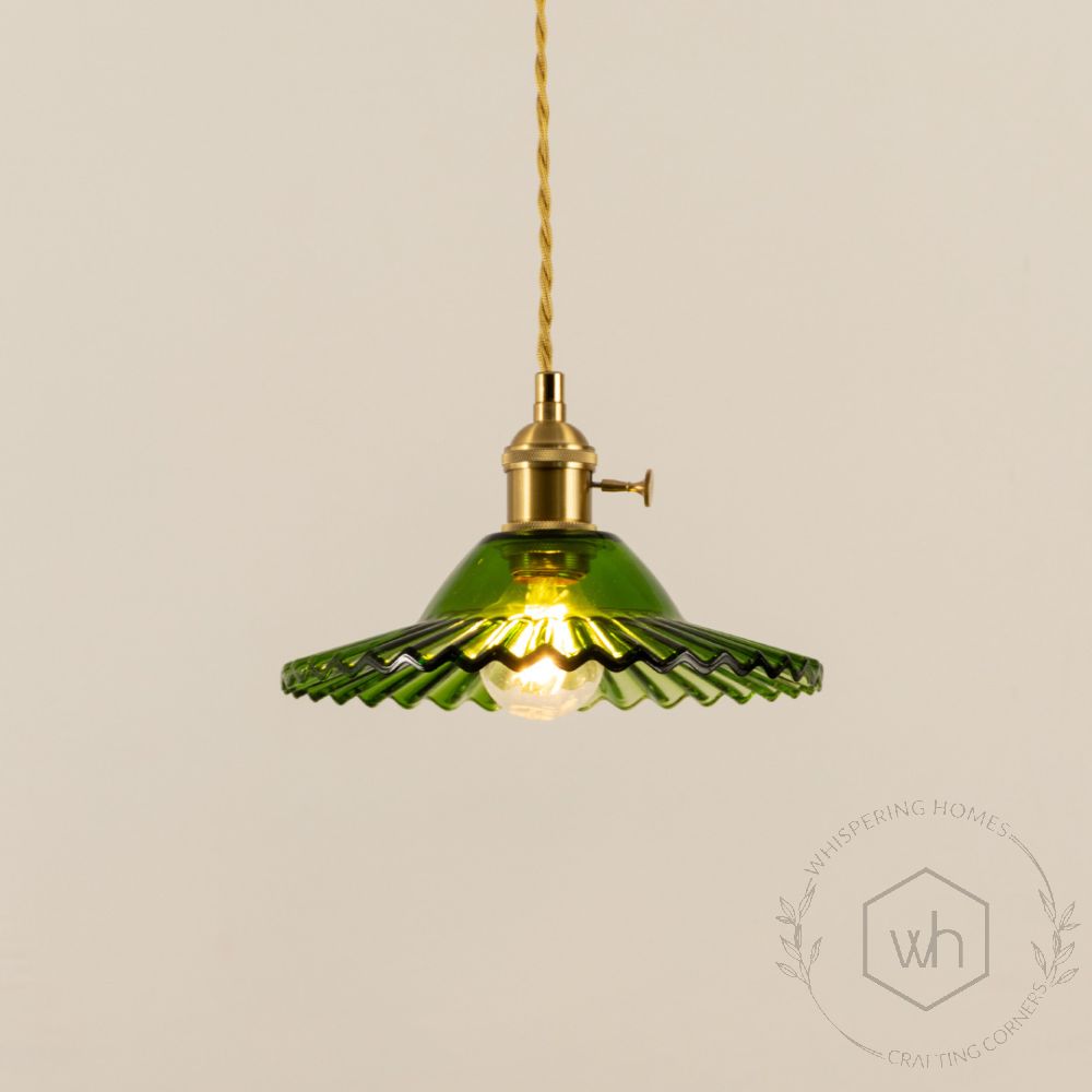 Ribbed Floral Glass Pendant Light Green Light On White Background