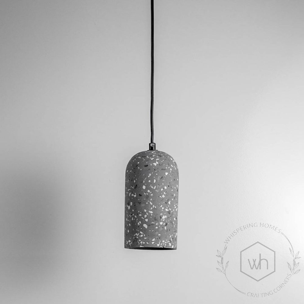 Terrazzo Cement Pendant Light - Black & Dark Grey Light Off White Background