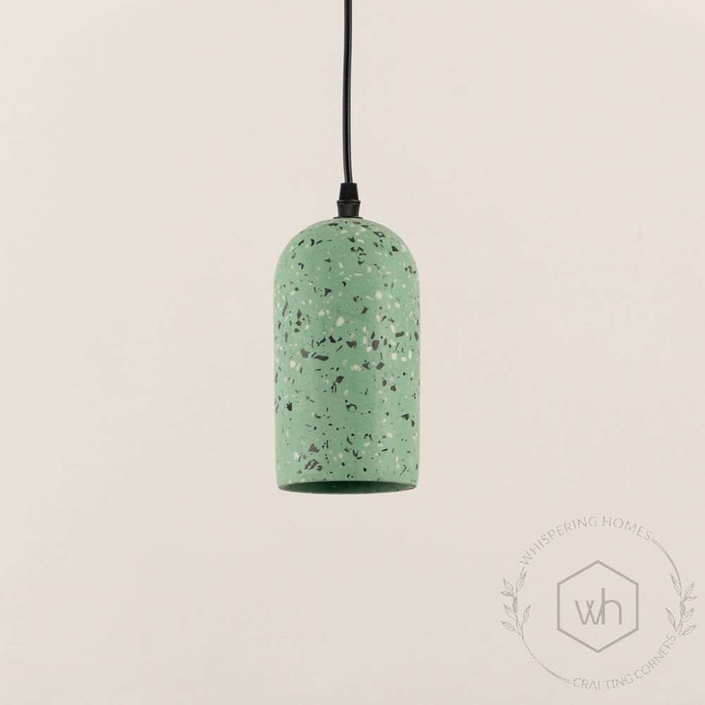 Terrazzo Cement Pendant Light Black Green Light Off White Background