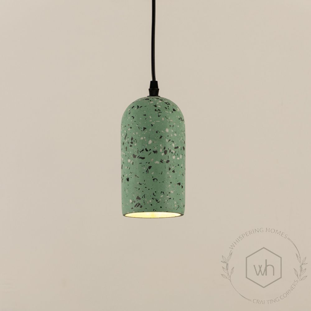 Terrazzo Cement Pendant Light Black Green Light On White Background