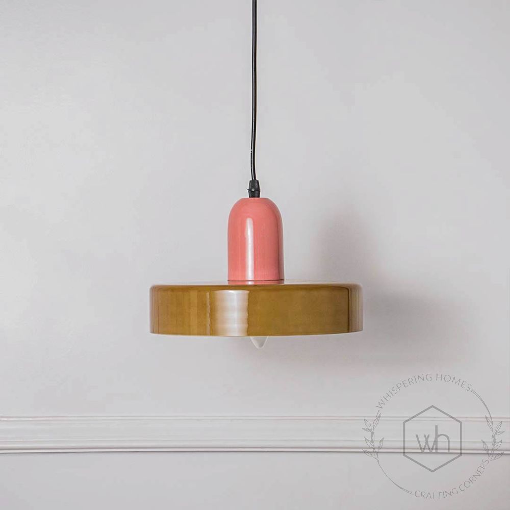 Italian Retro Pendant Light - Green & Pink Light Off White Background