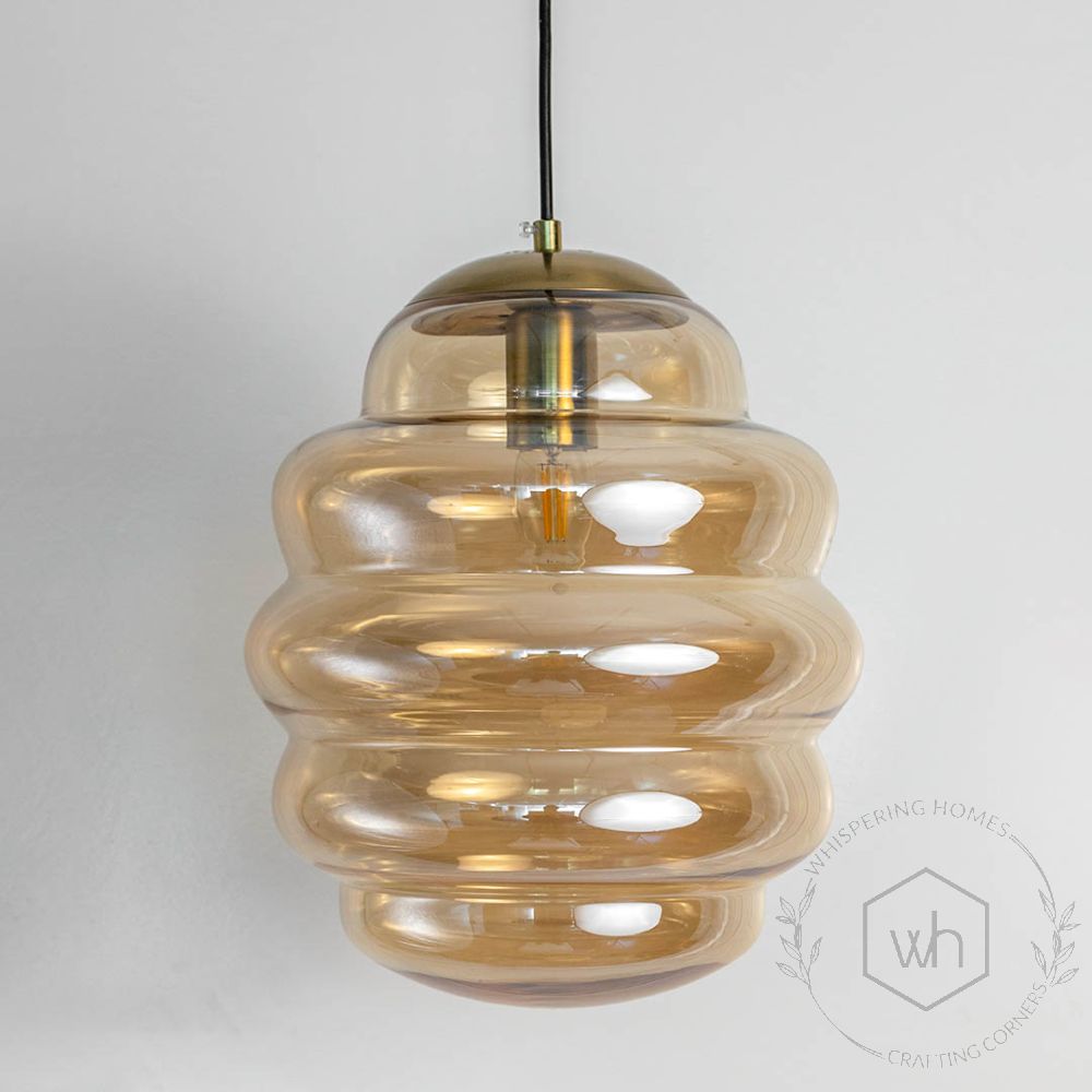 Cognac Brass & Amber Glass Pendant Lamp Light Off White Background