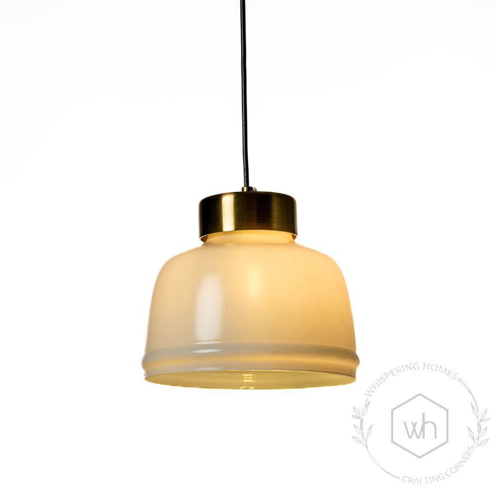 Sleek Dome Brass & Milk White Pendant Light Light On White Background