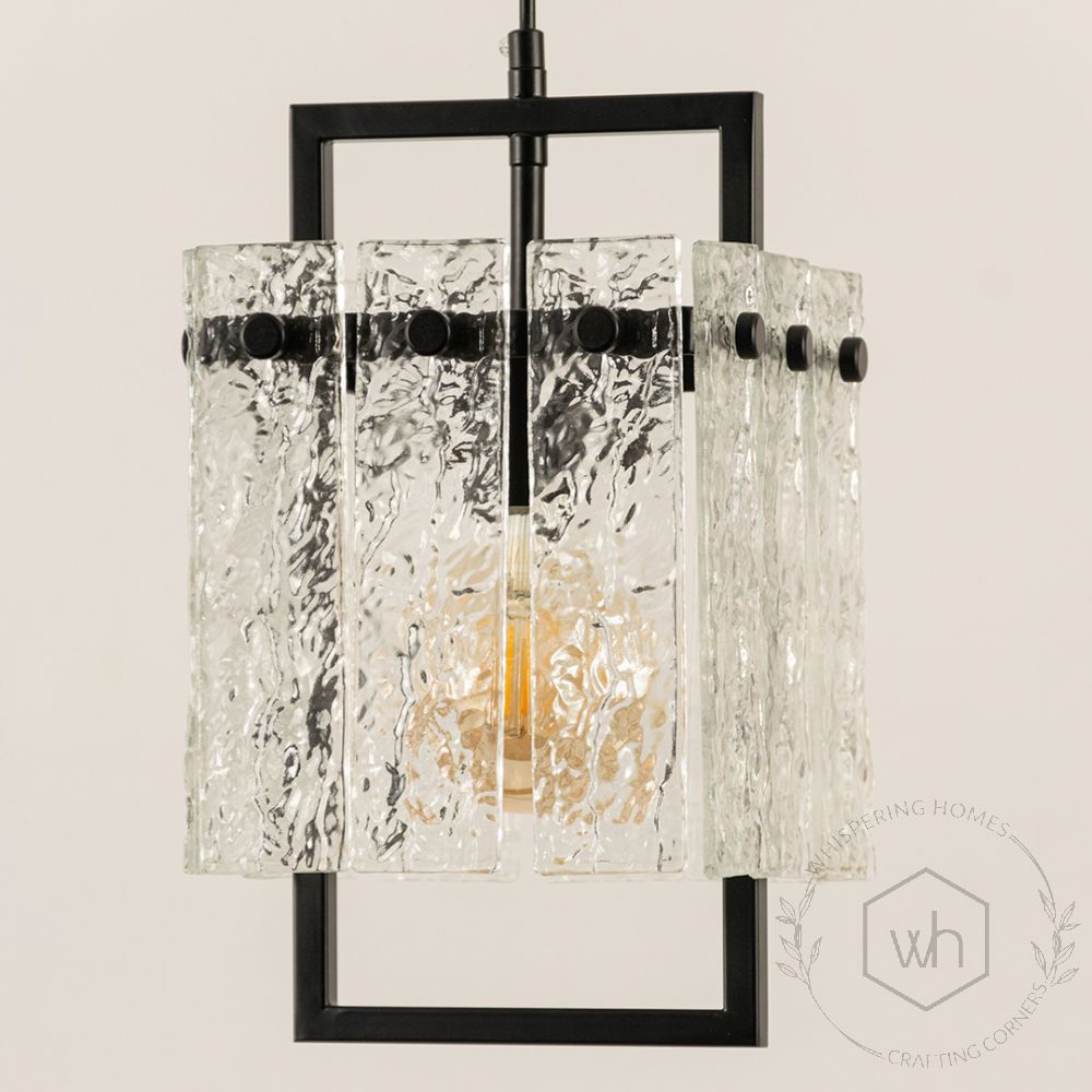 Square Frame Cracked Glass Pendant Light Black Closeup