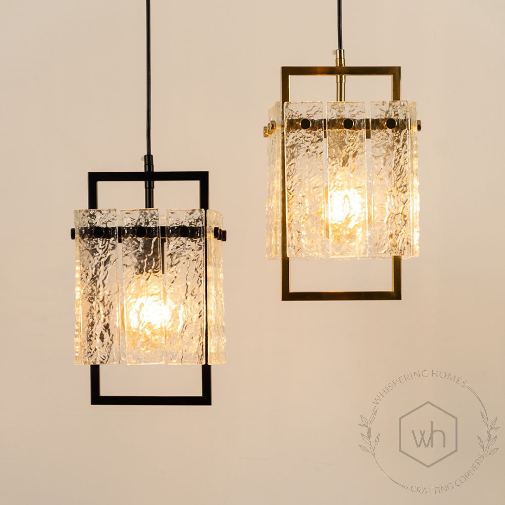 Square Frame Cracked Glass Pendant Light Black Grouped