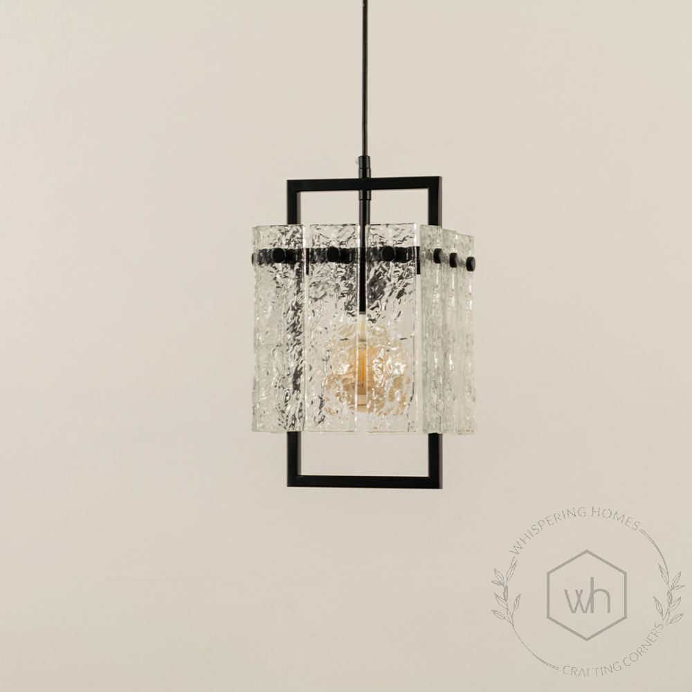 Square Frame Cracked Glass Pendant Light Black Light Off White Background