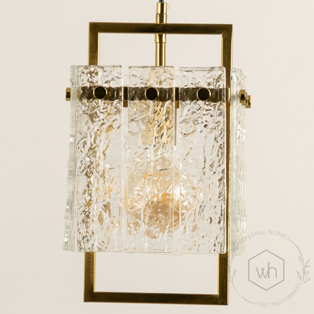 Square Frame Cracked Glass Pendant Light Gold Closeup