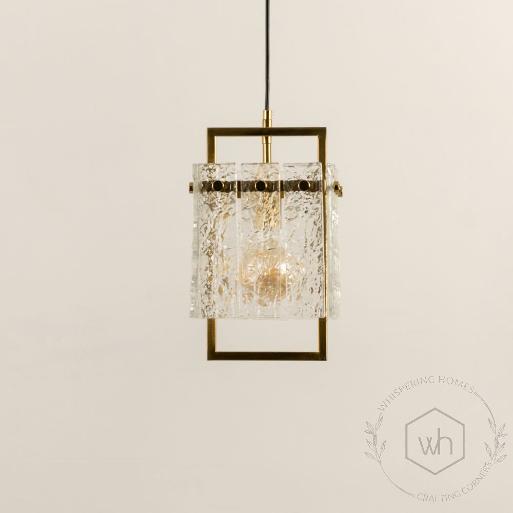 Square Frame Cracked Glass Pendant Light Gold Light Off White Background