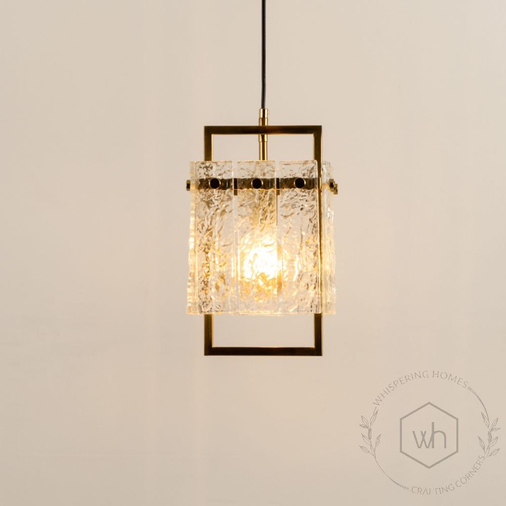 Square Frame Cracked Glass Pendant Light Gold Light On White Background