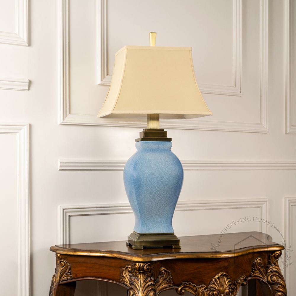 Leda Blue Ceramic Table Lamp Light Off White Background