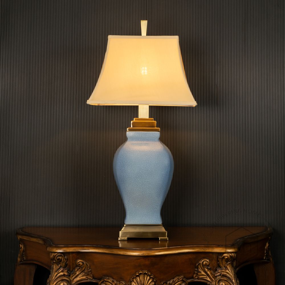 Leda Blue Ceramic Table Lamp Light On Black Background