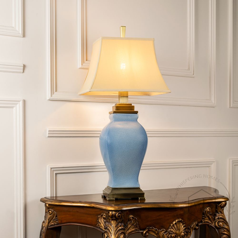 Leda Blue Ceramic Table Lamp Light On White Background