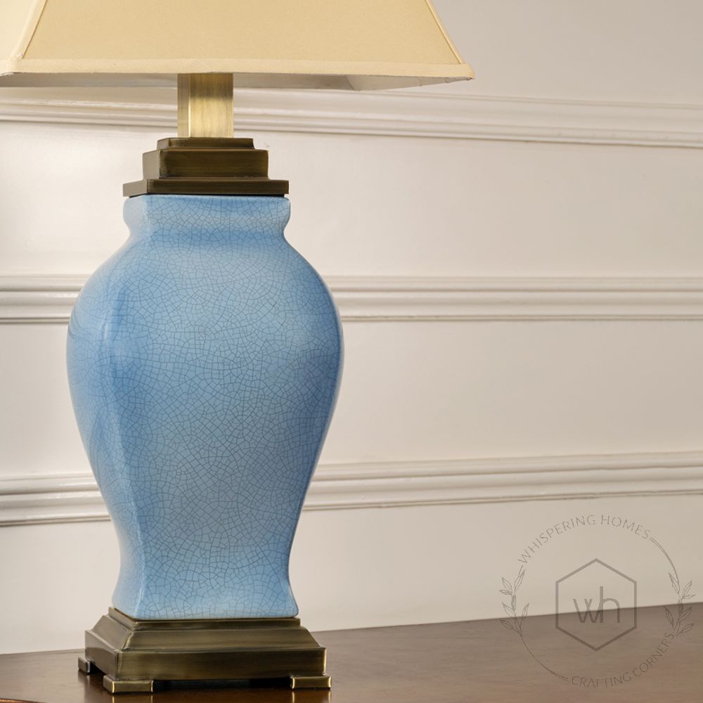 Leda Blue Ceramic Table Lamp with Brown Shade Closeup