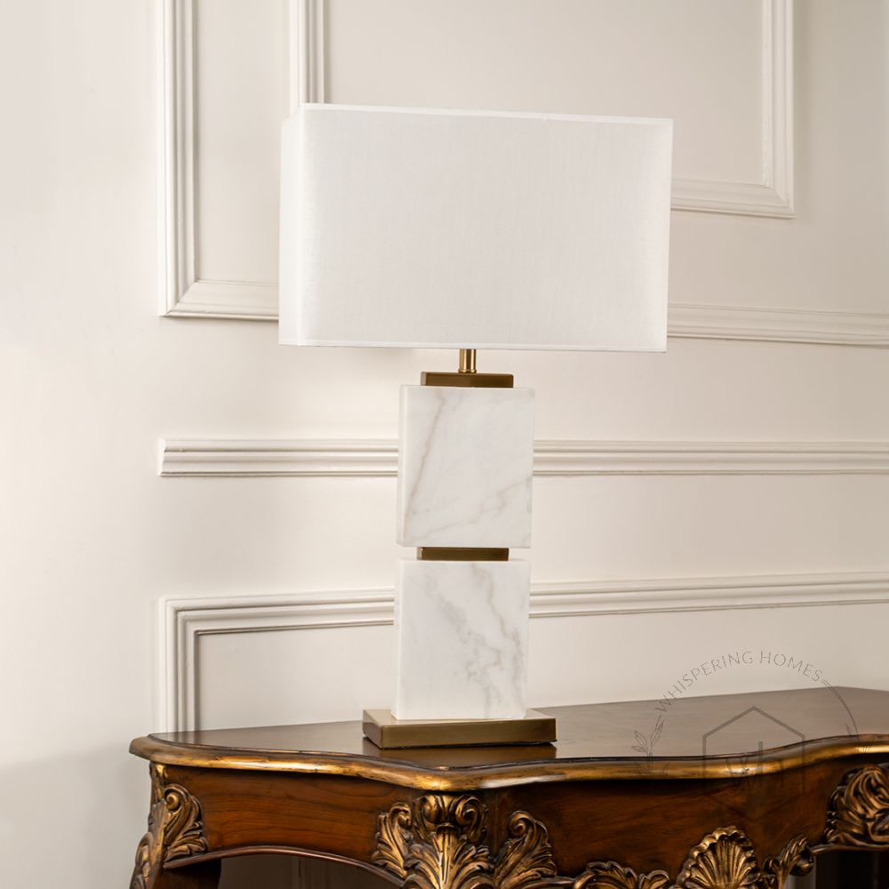 Colten Marble Table Lamp with White Shade Light Off White Background