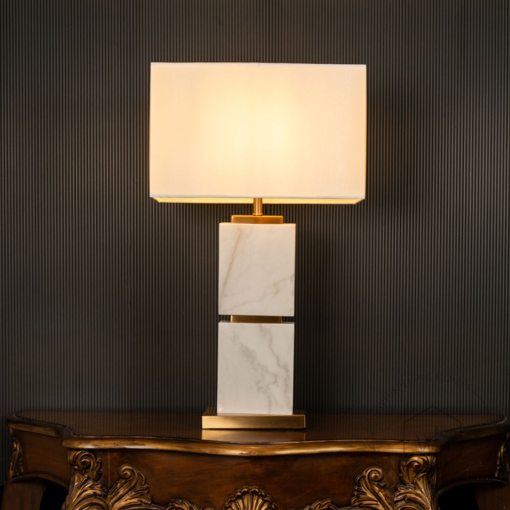 Colten Marble Table Lamp with White Shade Light On Black Background