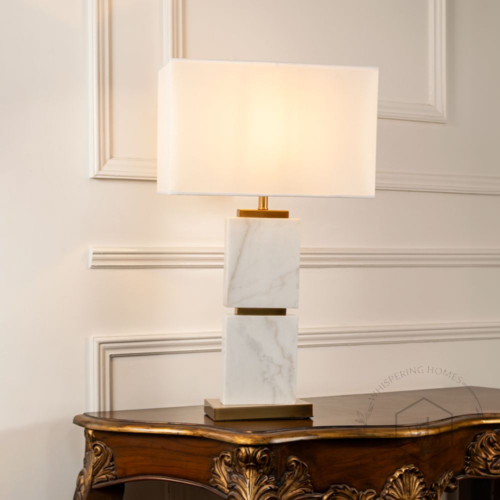 Colten Marble Table Lamp with White Shade Light On White Background