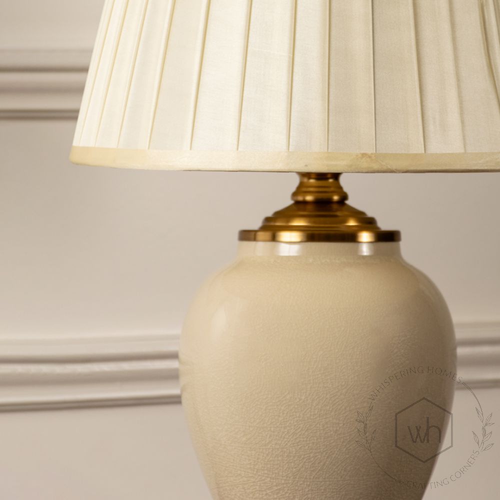 Porcelain Cream Ceramic Table Lamp with White Shade Closeup