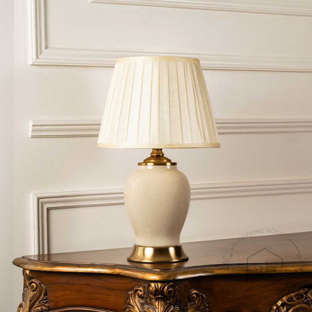 Porcelain Cream Ceramic Table Lamp with White Shade Light Off White Background