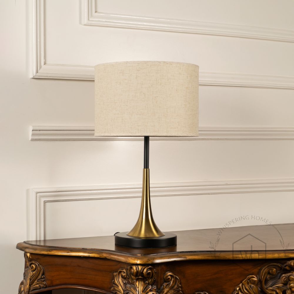 Lustroso Gold Black Metal Table Lamp with White Shade Light Off White Background