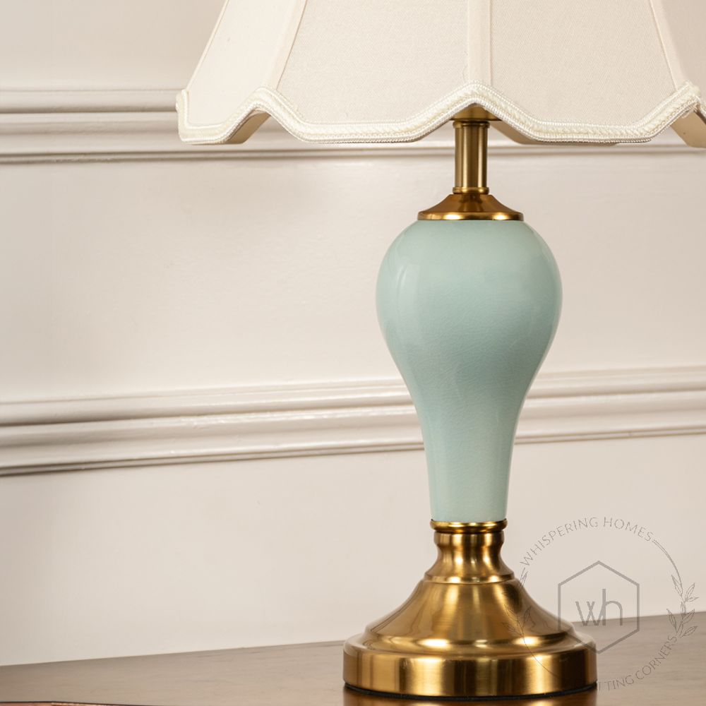 Rioga Sky Blue Metal Table Lamp with White Shade Closeup