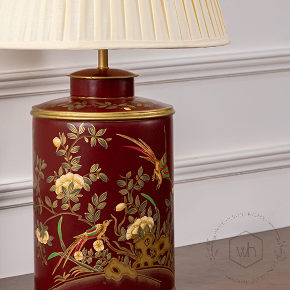 Gilded Phoenix Red Metal Table Lamp with Off White Pleated Lamp shade Closeup