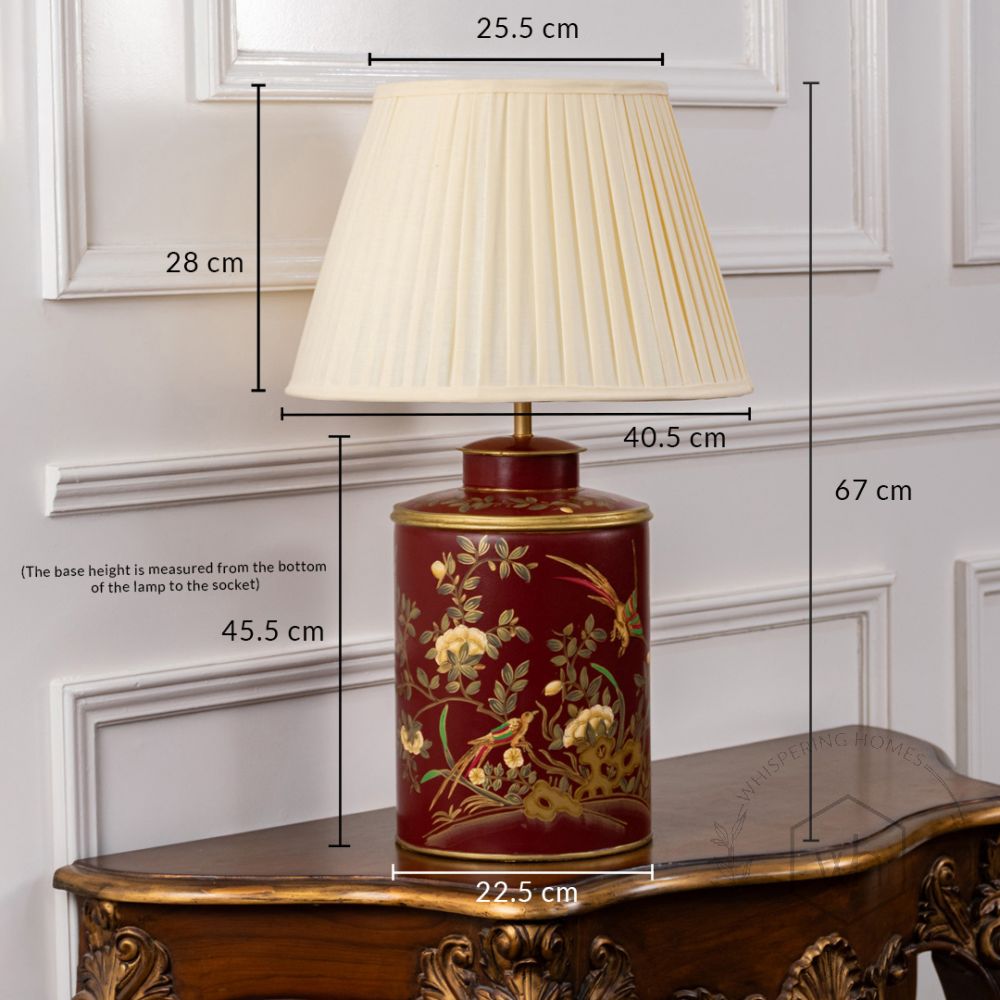 Gilded Phoenix Red Metal Table Lamp with Off White Pleated Lamp shade Dimensions