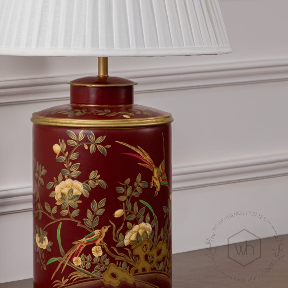 Gilded Phoenix Red Metal Table Lamp with White Pleated Lamp shade Closeup