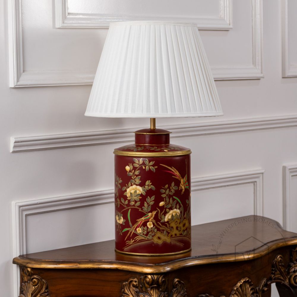 Gilded Phoenix Red Metal Table Lamp with White Pleated Lamp shade Light Off White Background