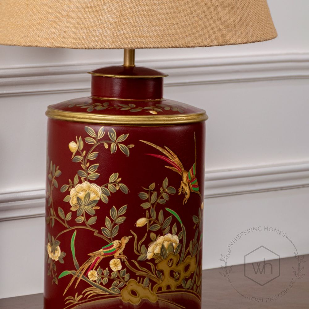 Gilded Phoenix Red Metal Table Lamp with Beige Linen Lamp shade Closeup