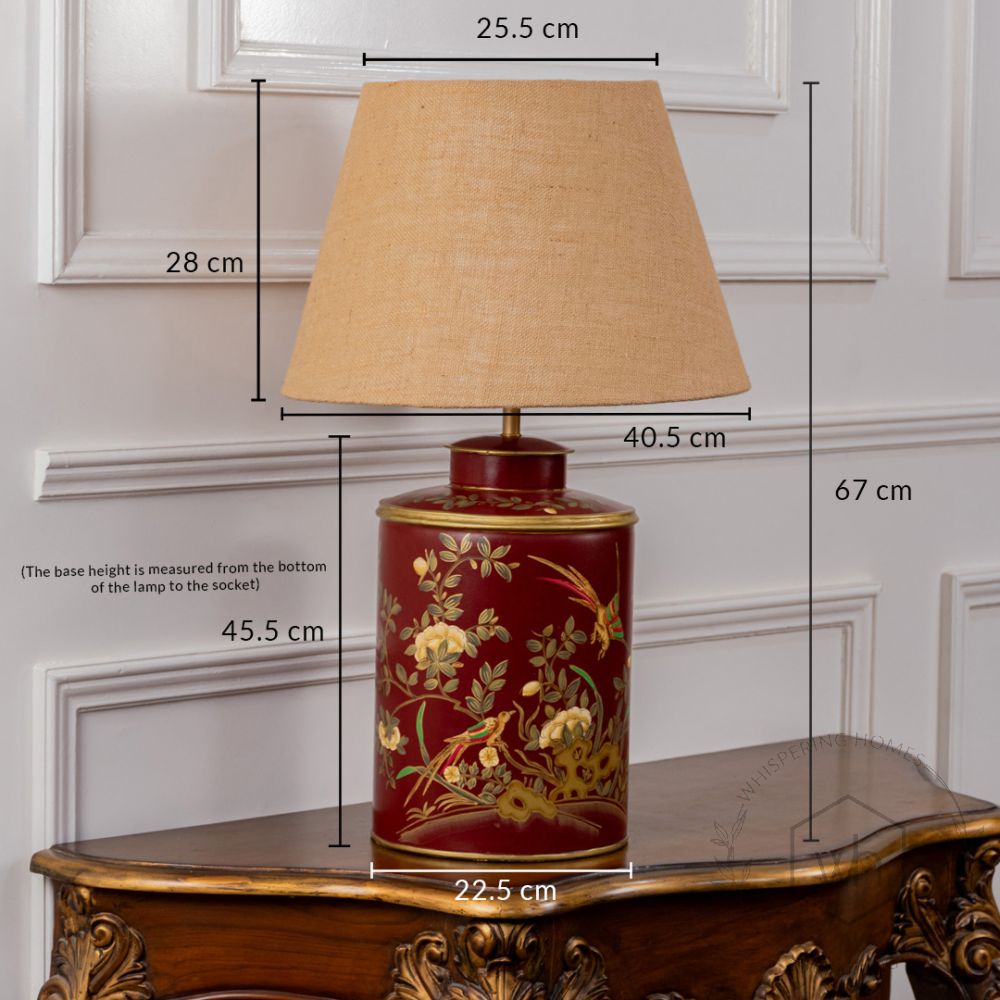 Gilded Phoenix Red Metal Table Lamp with Beige Linen Lamp shade Dimensions