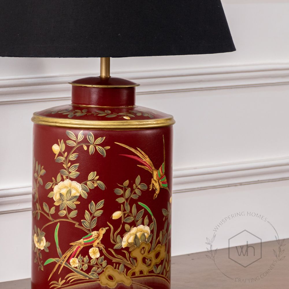 Gilded Phoenix Red Metal Table Lamp with Black Linen Lamp shade Closeup