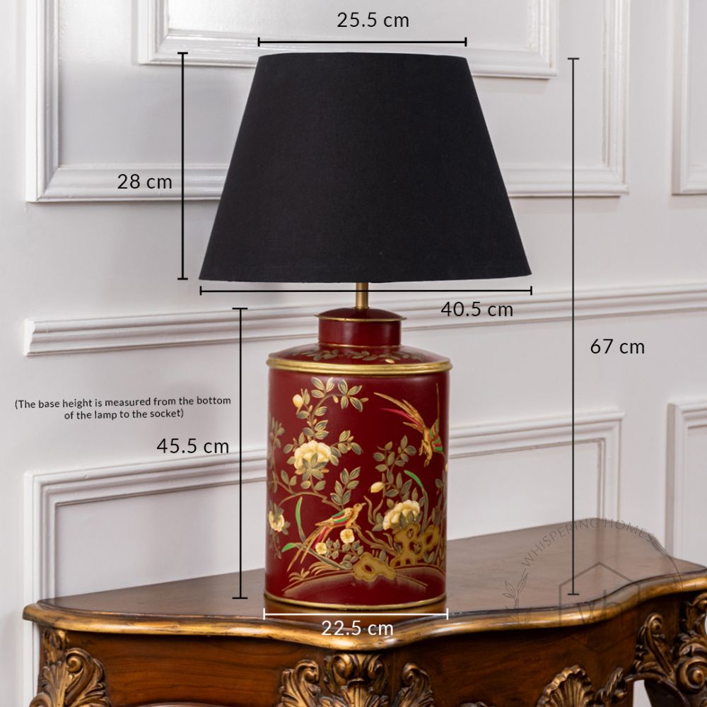 Gilded Phoenix Red Metal Table Lamp with Black Linen Lamp shade Dimensions