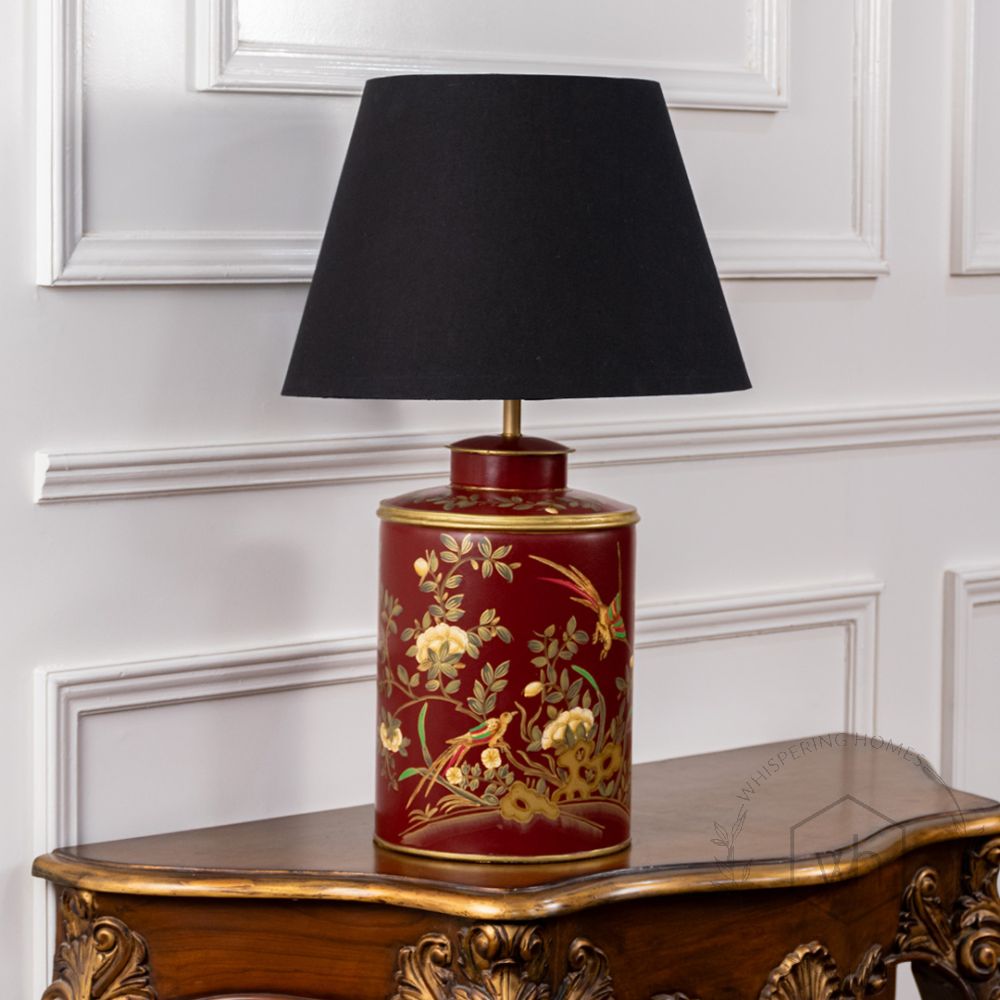 Gilded Phoenix Red Metal Table Lamp with Black Linen Lamp shade Light Off White Background