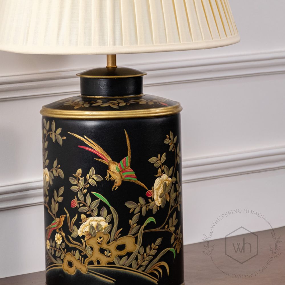 Gilded Phoenix Black Metal Table Lamp with Off White Pleated Lamp shade Closeup