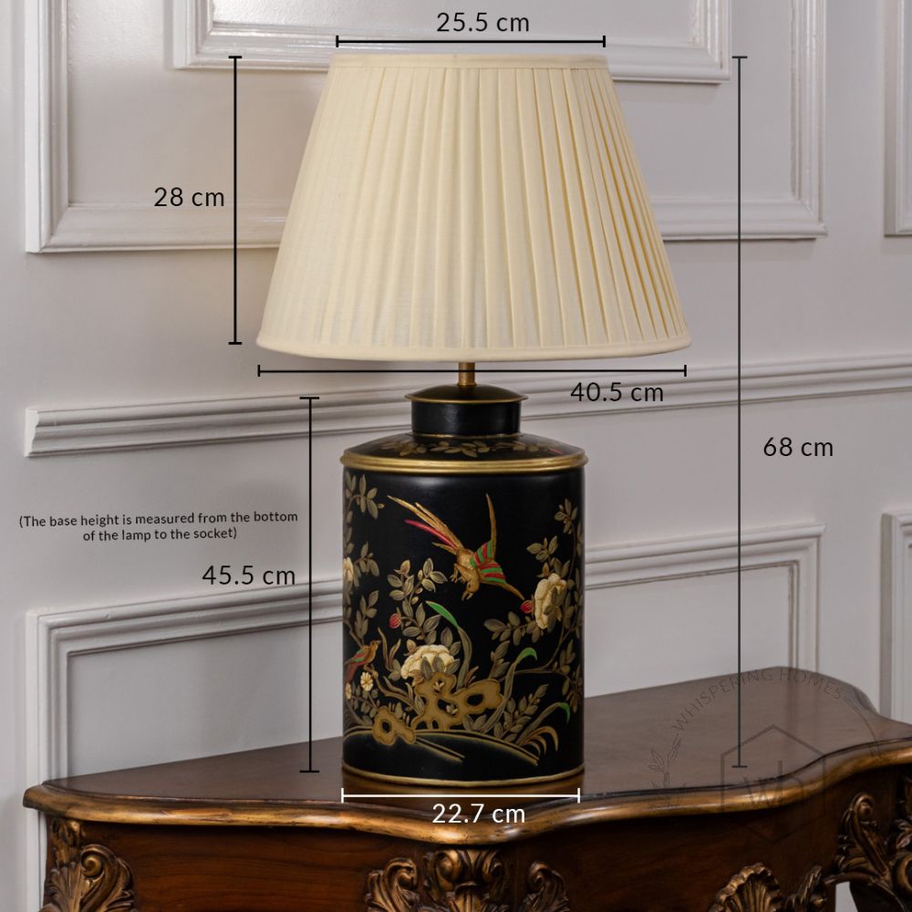 Gilded Phoenix Black Metal Table Lamp with Off White Pleated Lamp shade Dimensions