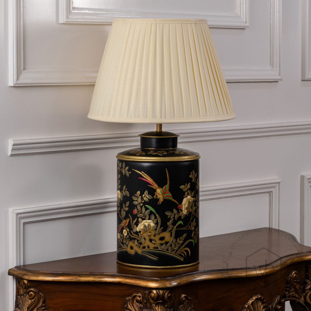 Gilded Phoenix Black Metal Table Lamp with Off White Pleated Lamp shade Light Off White Background