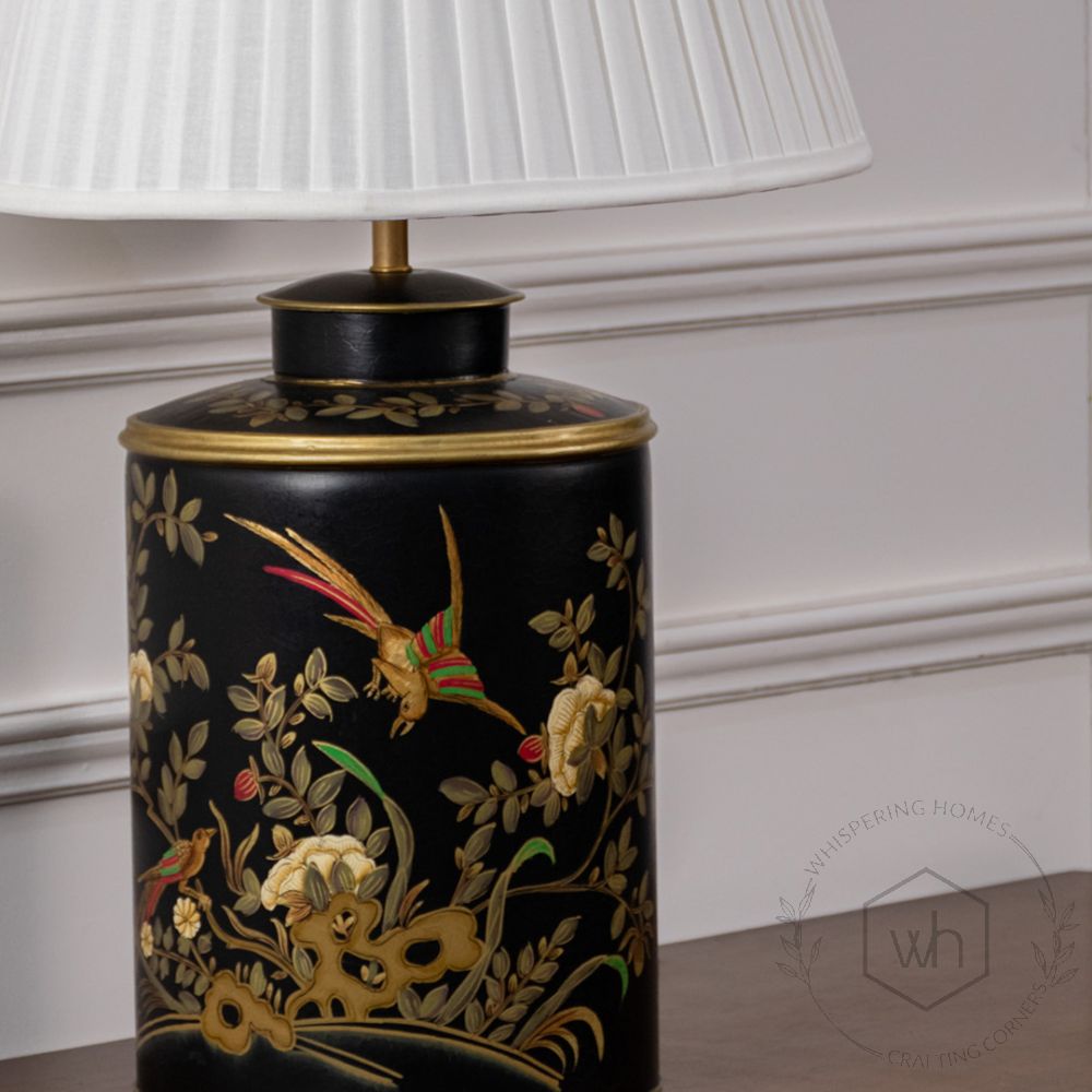 Gilded Phoenix Black Metal Table Lamp with White Pleated Lamp shade Closeup