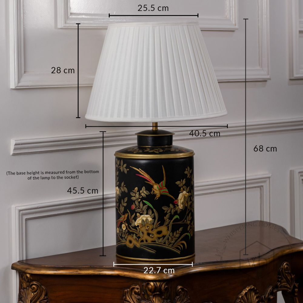 Gilded Phoenix Black Metal Table Lamp with White Pleated Lamp shade Dimensions